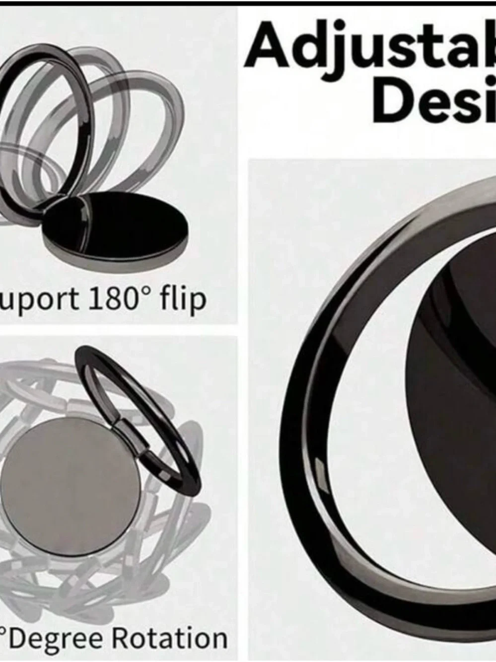 Black Rotating Phone Ring Stand with Kickstand Function